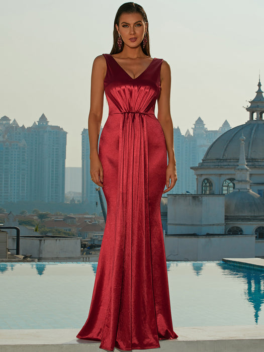 Pleated V-Neck Sleeveless Sheath Dress