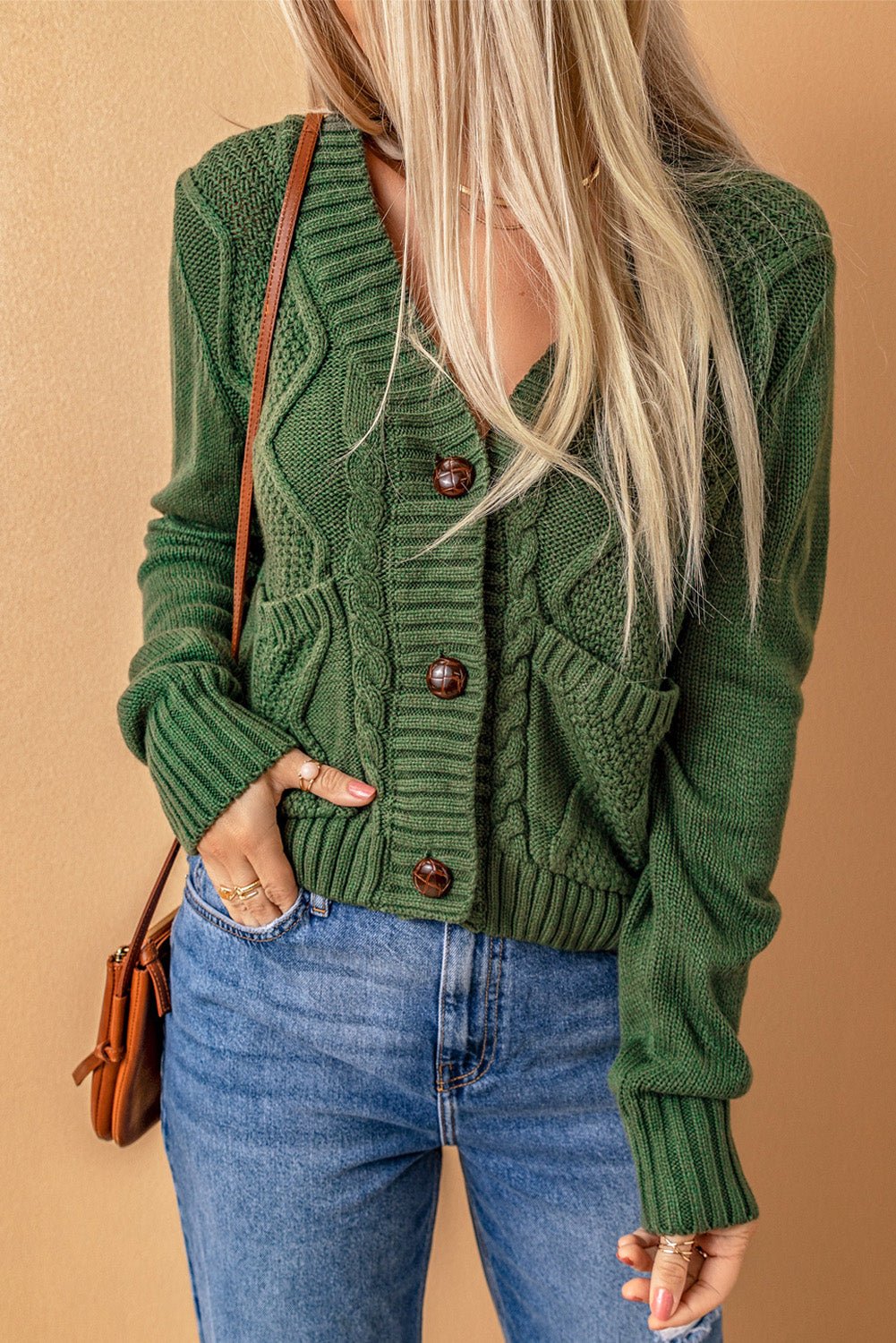 Mixed Knit Button Down Cardigan with Pockets - Shah S. Sahota