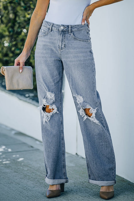 Distressed Straight Leg High Waist Jeans - Shah S. Sahota