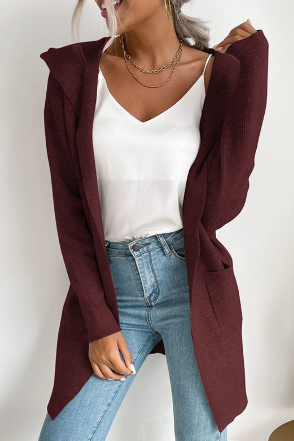 Ribbed Open Front Hooded Cardigan with Pockets - Shah S. Sahota