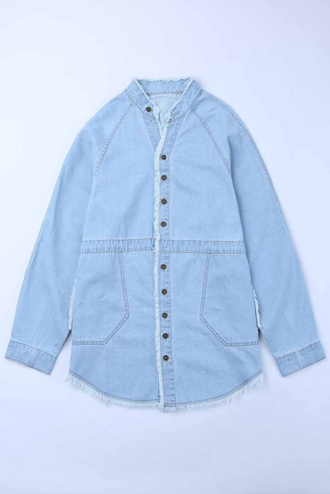 Frayed Trim Button Front Denim Shirt - Shah S. Sahota