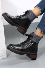 Black Knitted Patched Lace-up Heeled Ankle Boots