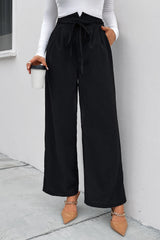 Perfee High Waist Ruched Tie Front Wide Leg Pants