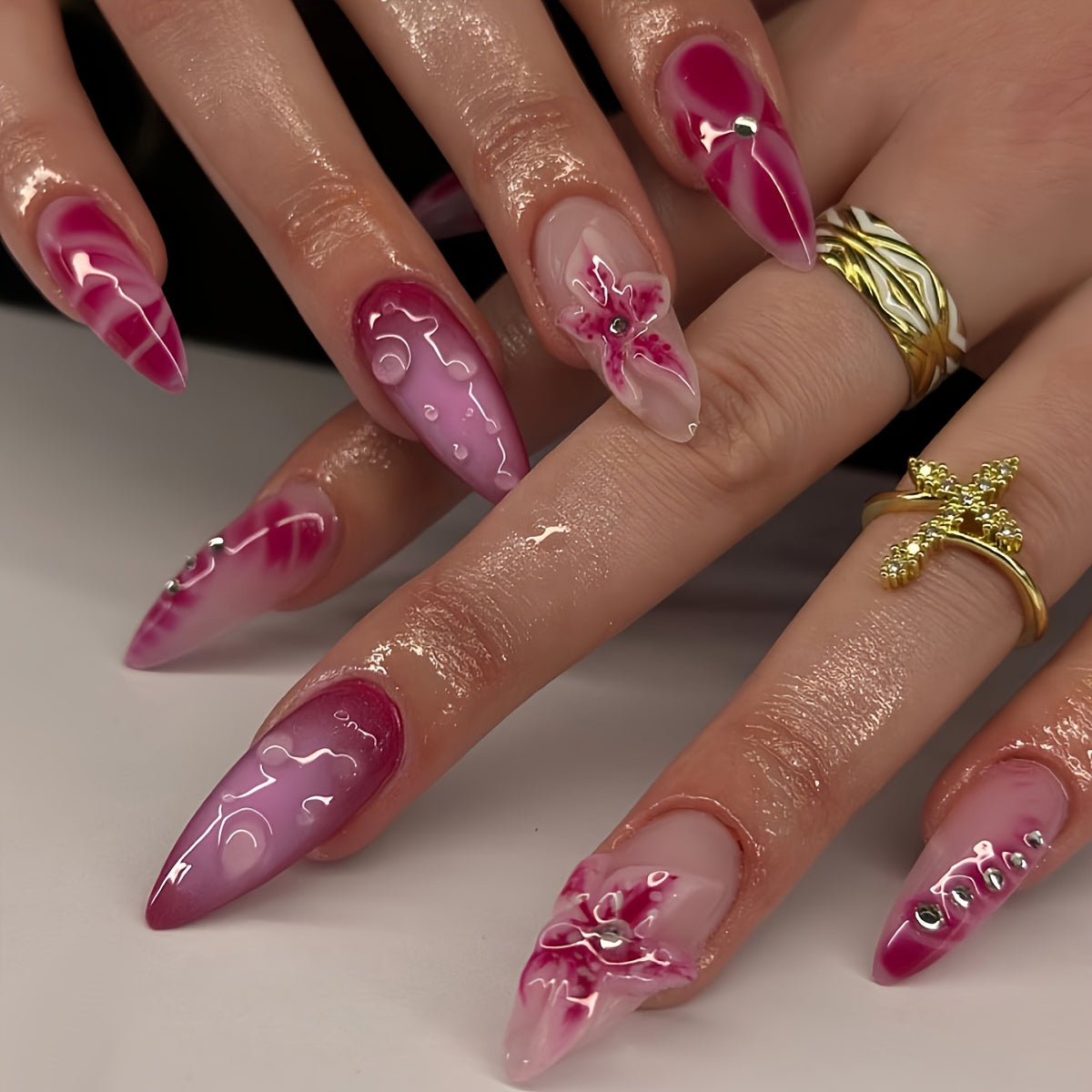 24-Piece Almond-Shaped Press On Nails - Mixed Color Gradient with 3D Flower Design and Glitter Accents, Glossy Finish, Short Length Nail Set - Includes Jelly Glue & Nail File for Women