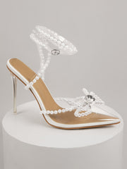 Clear Closed Pointy Toe Pearl Straps Stiletto Heels