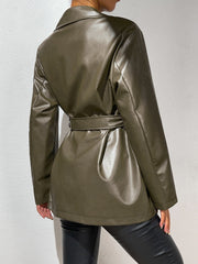 Lapel Neck Flap Pockets Belted PU Coat