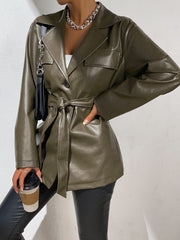 Lapel Neck Flap Pockets Belted PU Coat