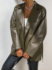 Lapel Neck Flap Pockets Belted PU Coat