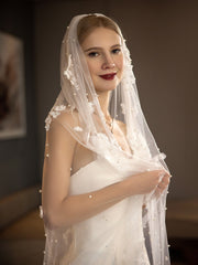 Floral Embroidered Mesh Faux Pearl Decor Bridal Veil