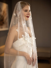 Floral Embroidered Mesh Faux Pearl Decor Bridal Veil