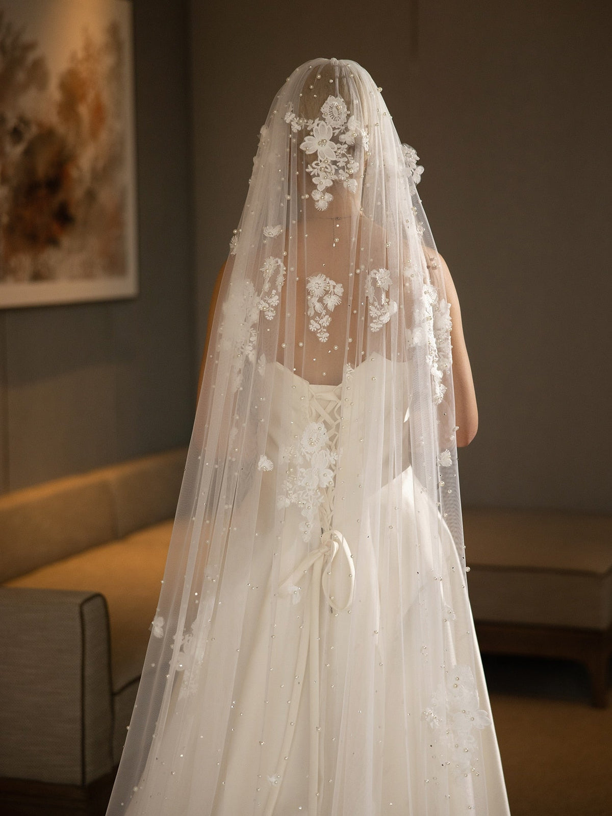 Floral Embroidered Mesh Faux Pearl Decor Bridal Veil