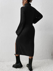 Long Black Turtleneck Drop Shoulder Split Hem Sweater Dress Without Belt