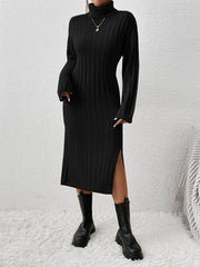 Long Black Turtleneck Drop Shoulder Split Hem Sweater Dress Without Belt