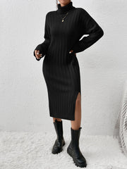 Long Black Turtleneck Drop Shoulder Split Hem Sweater Dress Without Belt