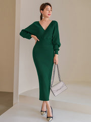 Solid Surplice Neck Sweater Dress