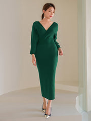 Solid Surplice Neck Sweater Dress