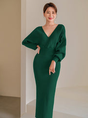 Solid Surplice Neck Sweater Dress