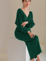 Solid Surplice Neck Sweater Dress