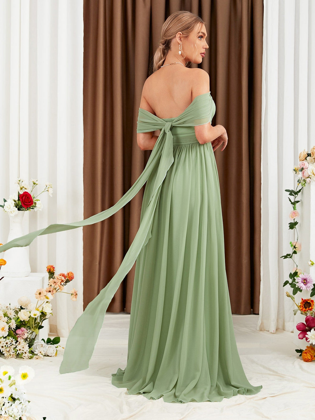 Off Shoulder Tie Back Chiffon Bridesmaid Dress