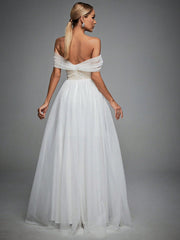 Off Shoulder Contrast Lace Mesh Wedding Dress
