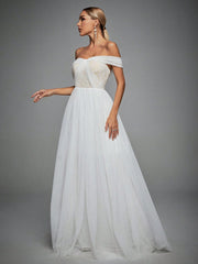 Off Shoulder Contrast Lace Mesh Wedding Dress