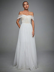 Off Shoulder Contrast Lace Mesh Wedding Dress