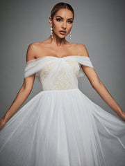 Off Shoulder Contrast Lace Mesh Wedding Dress