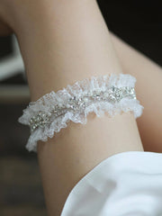 1pc Women Rhinestone & Faux Pearl Decor Lace Trim Fashionable Bridal Garter Belt For Wedding Party
