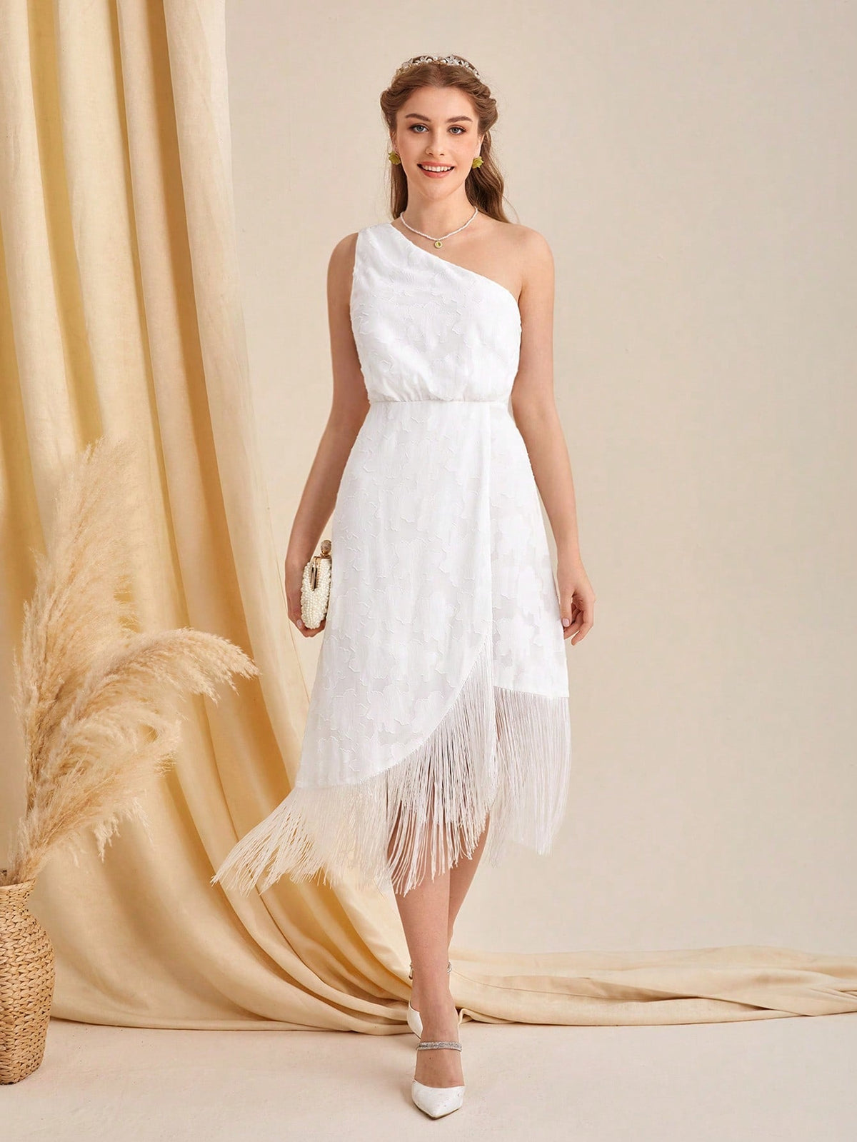 One Shoulder Fringe Hem Lace  Dress