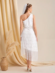 One Shoulder Fringe Hem Lace  Dress