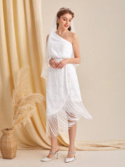 One Shoulder Fringe Hem Lace  Dress