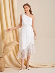 One Shoulder Fringe Hem Lace  Dress