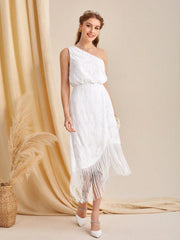 One Shoulder Fringe Hem Lace  Dress