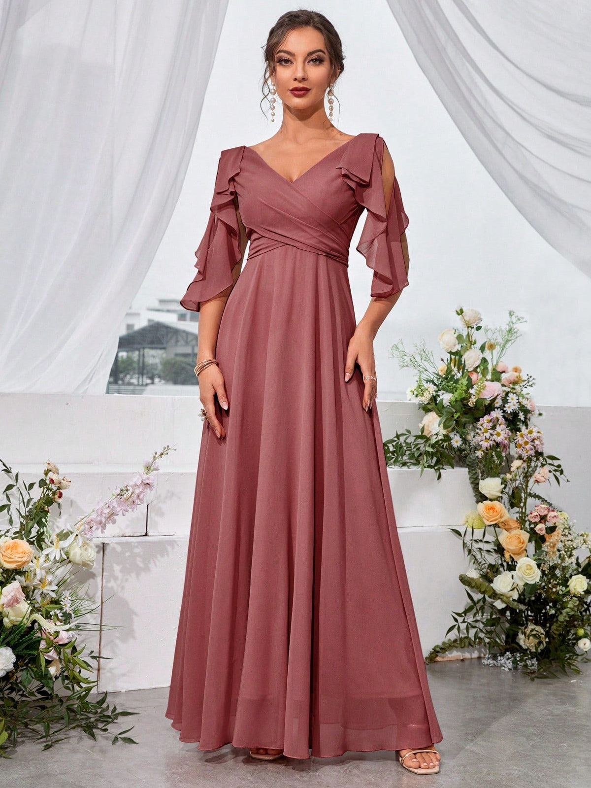 Ruffle Trim Cold Shoulder Chiffon Formal Bridesmaid Dress