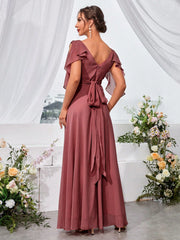 Ruffle Trim Cold Shoulder Chiffon Formal Bridesmaid Dress