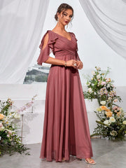 Ruffle Trim Cold Shoulder Chiffon Formal Bridesmaid Dress