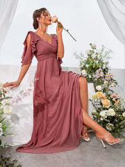 Ruffle Trim Cold Shoulder Chiffon Formal Bridesmaid Dress