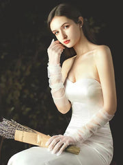 1pair Women Ruched Detail Elegant Bridal Gloves For Wedding Party