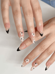 24pcs Almond-Shaped, White, Glossy, French-Tipped, Floral Design