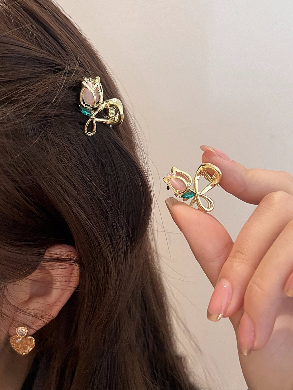 2pcs Women's Rhinestone Detail Flower Shaped Fashion Mini Hair Claw For Daily Use Cute