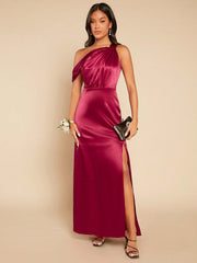 Asymmetrical Neck Split Thigh Satin Dress