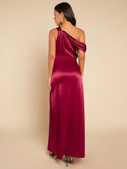 Asymmetrical Neck Split Thigh Satin Dress