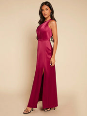 Asymmetrical Neck Split Thigh Satin Dress