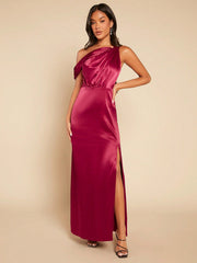 Asymmetrical Neck Split Thigh Satin Dress