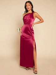 Asymmetrical Neck Split Thigh Satin Dress