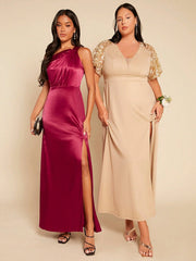 Asymmetrical Neck Split Thigh Satin Dress