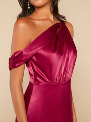 Asymmetrical Neck Split Thigh Satin Dress