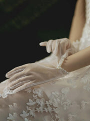 1pair Bridal Gloves Made Of White Gauze And Faux Pearl, Sewed, Short Style For Wedding Photography