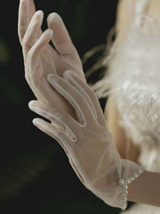 1pair Bridal Gloves Made Of White Gauze And Faux Pearl, Sewed, Short Style For Wedding Photography