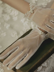 1pair Bridal Gloves Made Of White Gauze And Faux Pearl, Sewed, Short Style For Wedding Photography